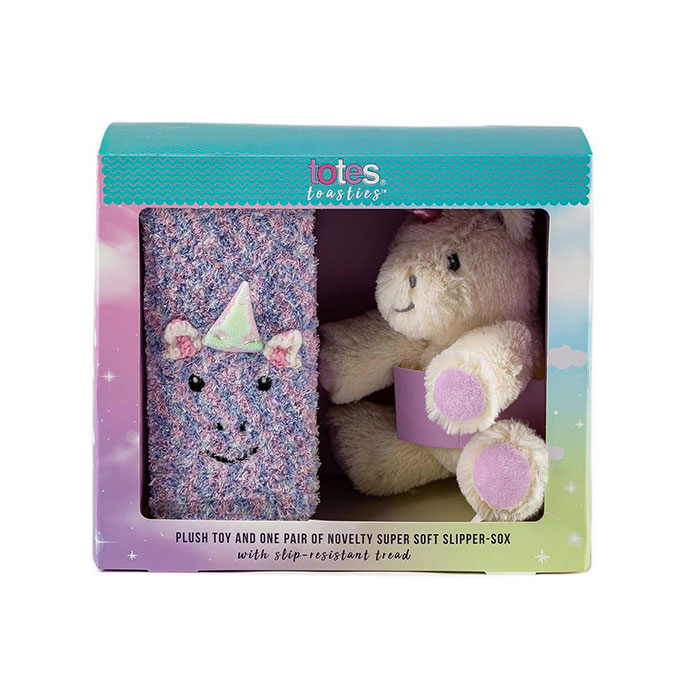 totes Childrens Plush Toy and Super Soft Slipper Socks Set Cream Extra Image 1